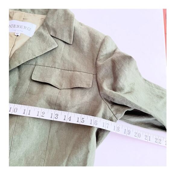 Iceberg Army Green 100% Linen Button Front Utilitarian Blazer Jacket Size IT 42 - Picture 7 of 11